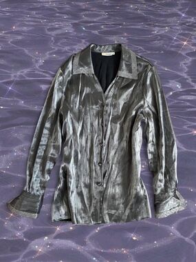 Vintage El Corte Inglés Y2K Metallic Button Up Blouse Beaded Collar V Neck Spain